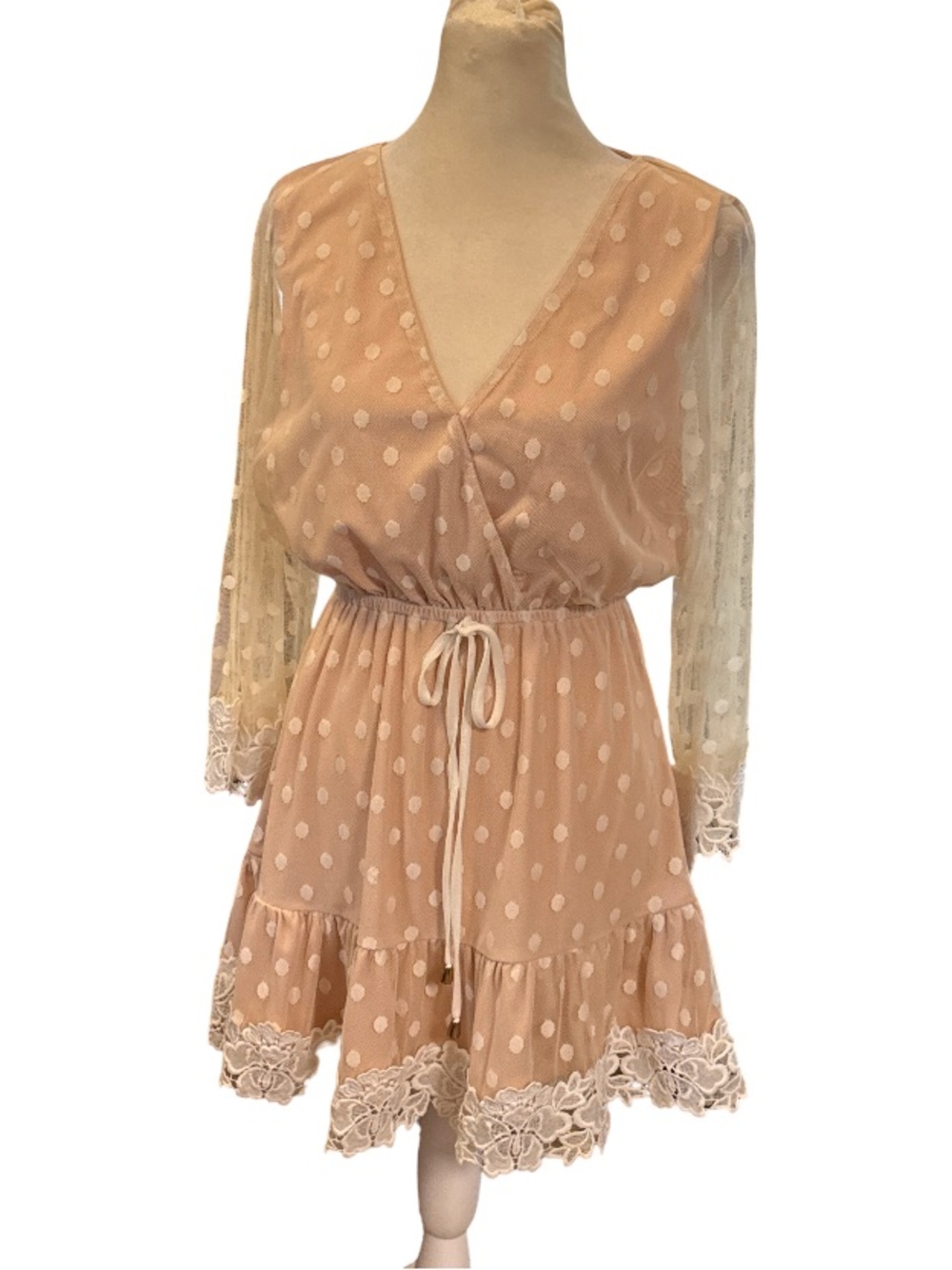 4/$30 Goodnight Macaroon Blush Pink Polka Dot Lace Trim Mini Dress size small
